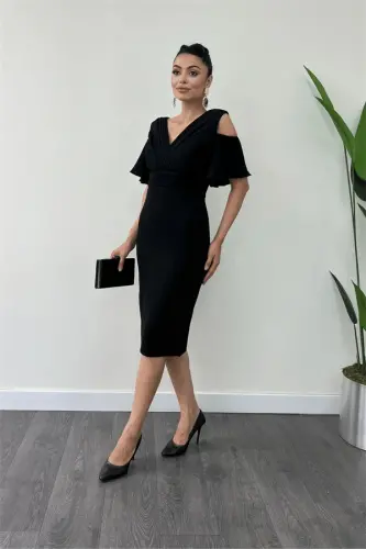 Crepe Fabric Ruched Detail Pencil Dress - BLACK - 1