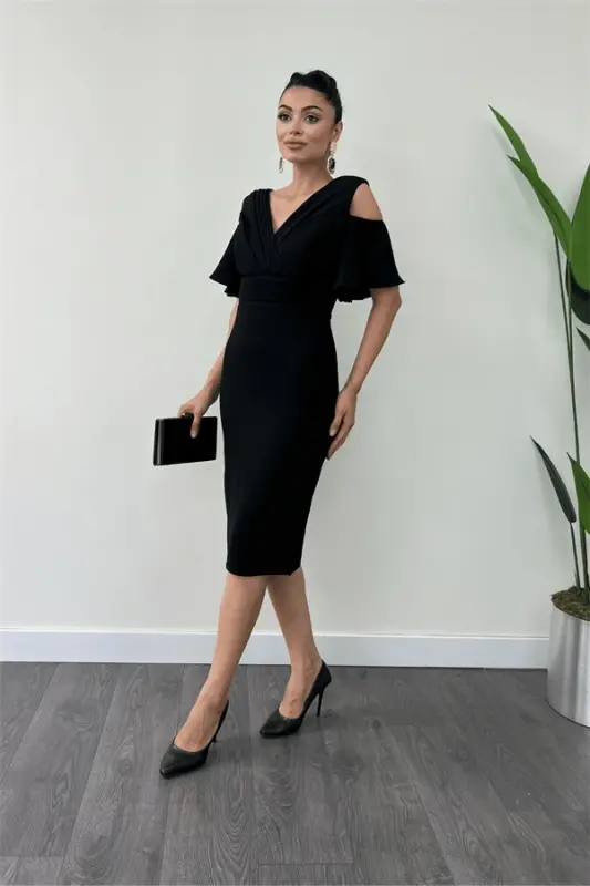 Crepe Fabric Ruched Detail Pencil Dress - BLACK - BÜYÜKBEDENIZ