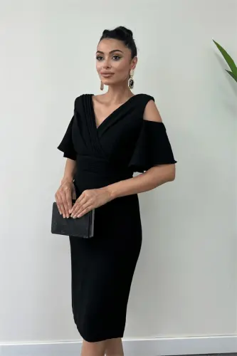 Crepe Fabric Ruched Detail Pencil Dress - BLACK - 3