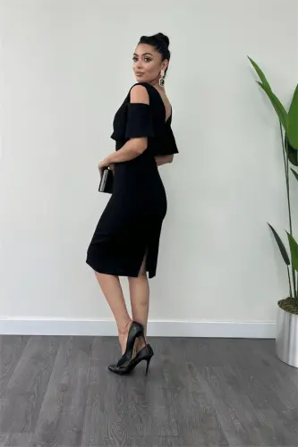 Crepe Fabric Ruched Detail Pencil Dress - BLACK - 5