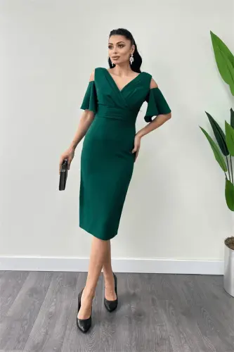 Crepe Fabric Ruched Detail Pencil Dress - EMERALD GREEN - 7