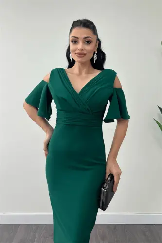 Crepe Fabric Ruched Detail Pencil Dress - EMERALD GREEN - 8