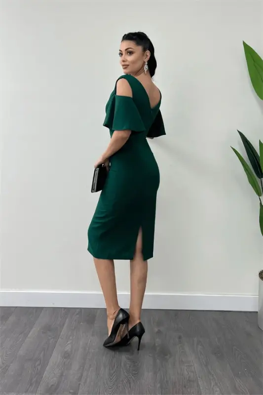 Crepe Fabric Ruched Detail Pencil Dress - EMERALD GREEN - 10