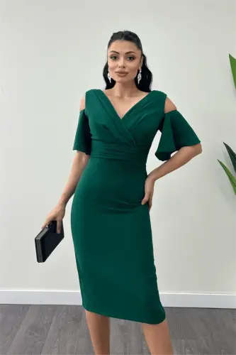 Crepe Fabric Ruched Detail Pencil Dress - EMERALD GREEN - 4