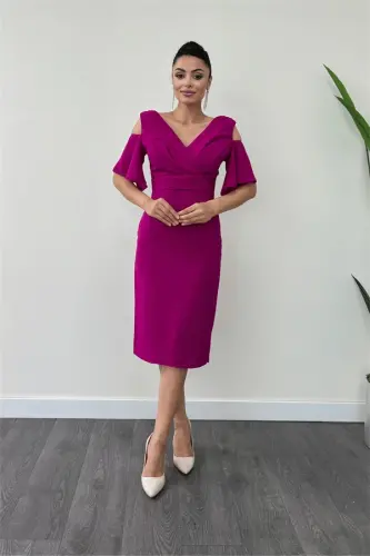 Crepe Fabric Ruched Detail Pencil Dress - FUCHSIA - BÜYÜKBEDENIZ (1)