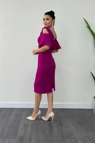 Crepe Fabric Ruched Detail Pencil Dress - FUCHSIA - 5