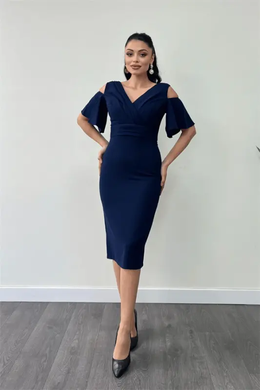 Crepe Fabric Ruched Detail Pencil Dress - NAVY BLUE - 1