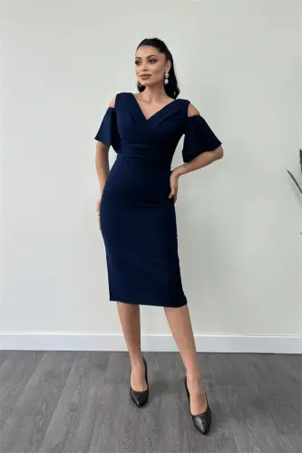 Crepe Fabric Ruched Detail Pencil Dress - NAVY BLUE - BÜYÜKBEDENIZ (1)