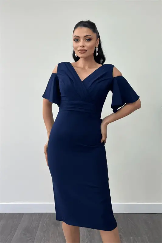 Crepe Fabric Ruched Detail Pencil Dress - NAVY BLUE - 3
