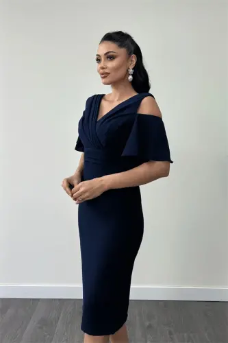 Crepe Fabric Ruched Detail Pencil Dress - NAVY BLUE - 4