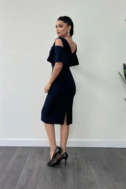 Crepe Fabric Ruched Detail Pencil Dress - NAVY BLUE - 5