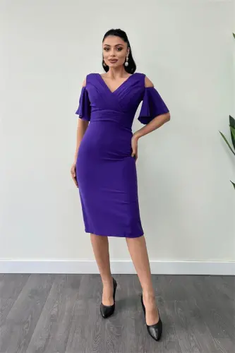 Crepe Fabric Ruched Detail Pencil Dress - PURPLE - 1