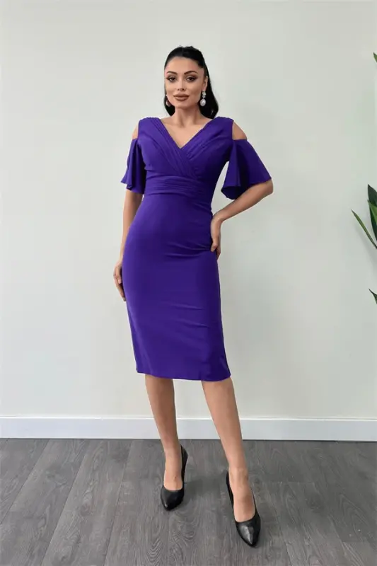 Crepe Fabric Ruched Detail Pencil Dress - PURPLE - 1