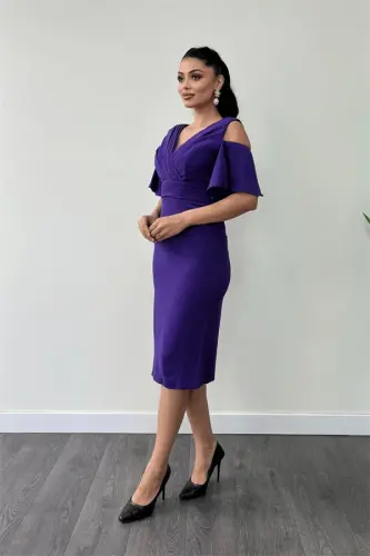 Crepe Fabric Ruched Detail Pencil Dress - PURPLE - BÜYÜKBEDENIZ (1)