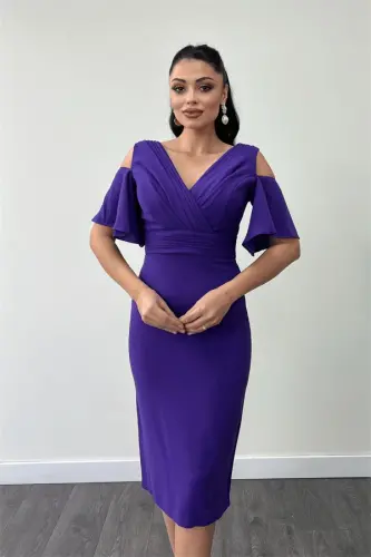 Crepe Fabric Ruched Detail Pencil Dress - PURPLE - 3