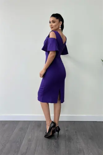 Crepe Fabric Ruched Detail Pencil Dress - PURPLE - 4