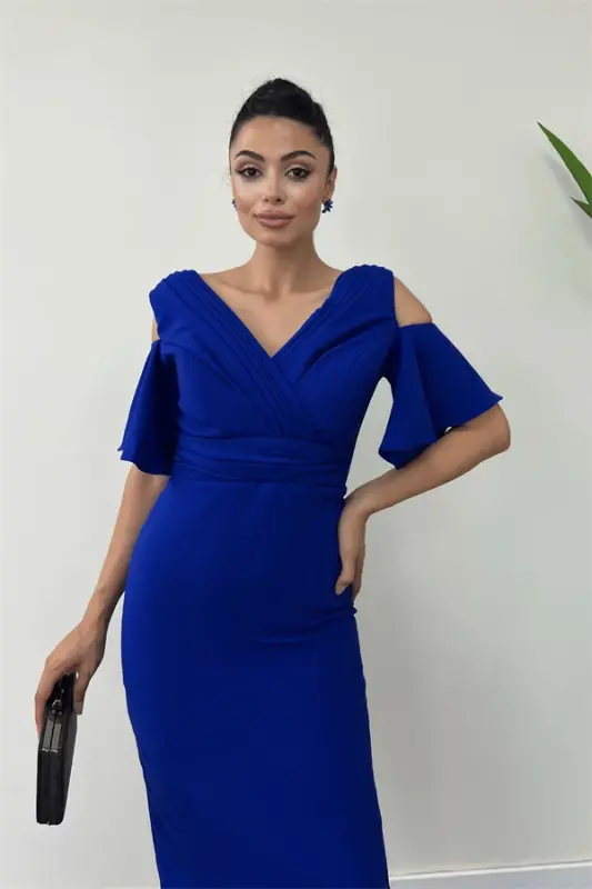 Crepe Fabric Ruched Detail Pencil Dress - SAPPHIRE BLUE - 3