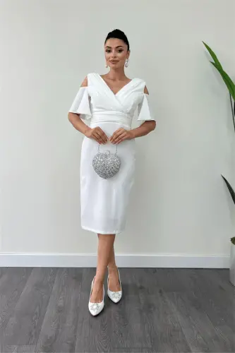 Crepe Fabric Ruched Detailed Pencil Dress - WHITE - 1