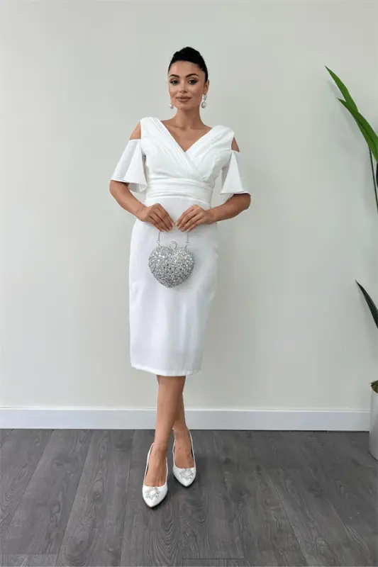 Crepe Fabric Ruched Detailed Pencil Dress - WHITE - BÜYÜKBEDENIZ