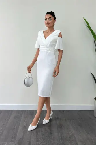 Crepe Fabric Ruched Detailed Pencil Dress - WHITE - 2