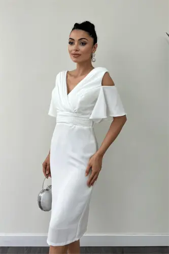 Crepe Fabric Ruched Detailed Pencil Dress - WHITE - 3
