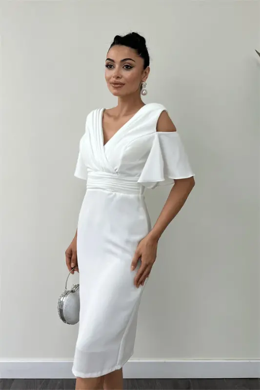 Crepe Fabric Ruched Detailed Pencil Dress - WHITE - 3