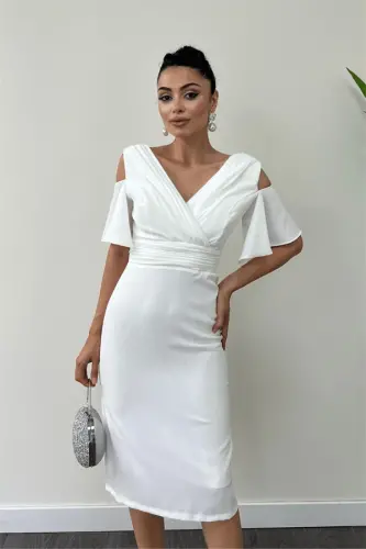 Crepe Fabric Ruched Detailed Pencil Dress - WHITE - 4