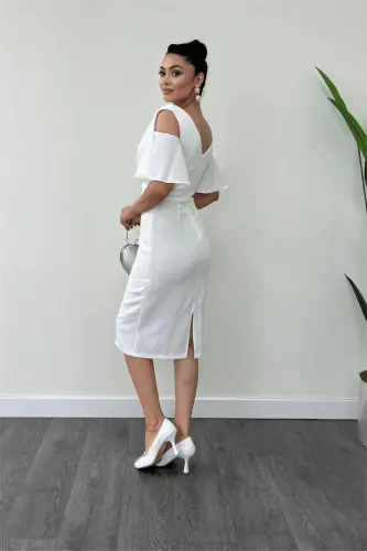 Crepe Fabric Ruched Detailed Pencil Dress - WHITE - 5