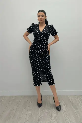 Crepe Fabric Ruched Rose Detailed Pencil Dress - BLACK - 1