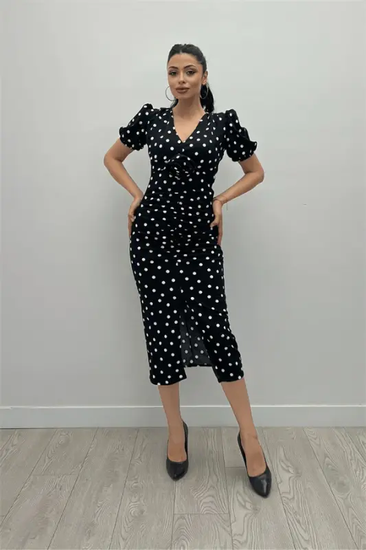 Crepe Fabric Ruched Rose Detailed Pencil Dress - BLACK - 1