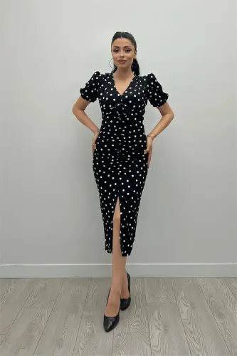 Crepe Fabric Ruched Rose Detailed Pencil Dress - BLACK - BÜYÜKBEDENIZ (1)