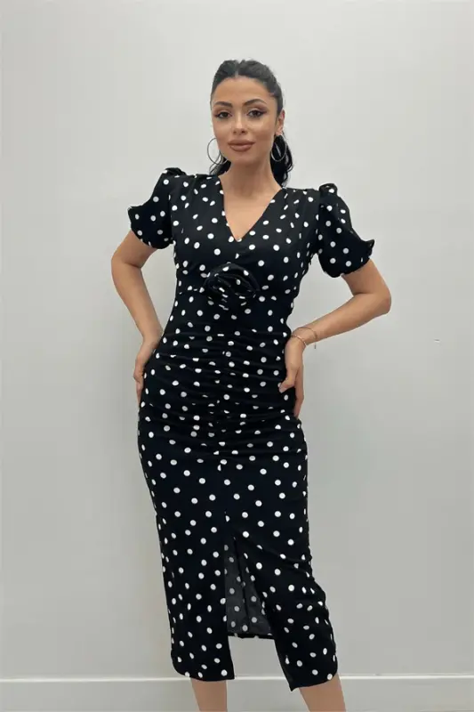 Crepe Fabric Ruched Rose Detailed Pencil Dress - BLACK - 3