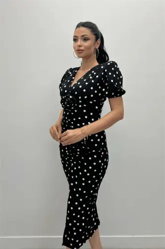 Crepe Fabric Ruched Rose Detailed Pencil Dress - BLACK - 4