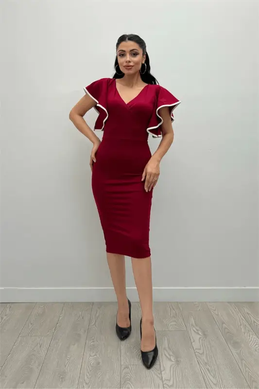 Crepe Fabric Ruffle Dress - Burgundy - BÜYÜKBEDENIZ