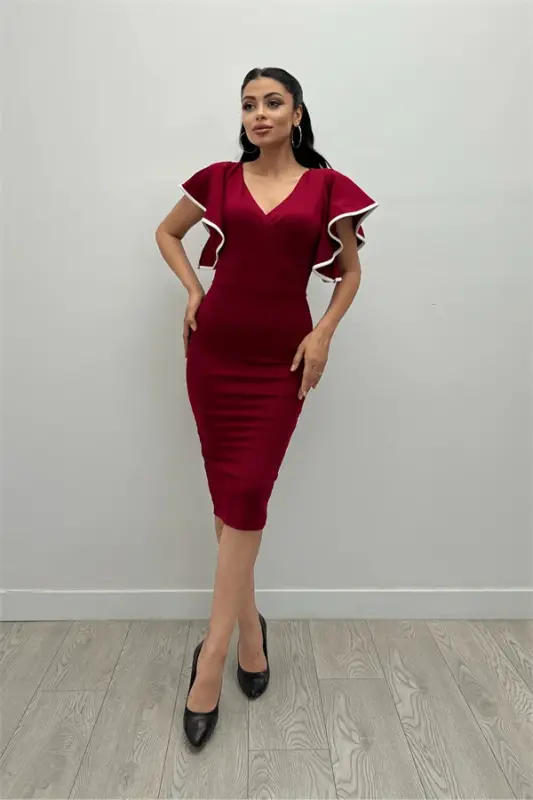 Crepe Fabric Ruffle Dress - Burgundy - 2