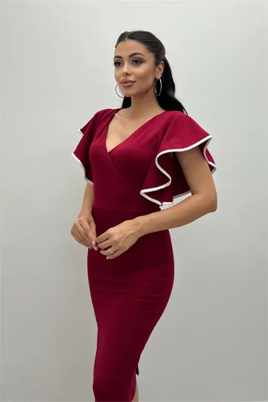 Crepe Fabric Ruffle Dress - Burgundy - 4