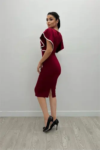 Crepe Fabric Ruffle Dress - Burgundy - 5