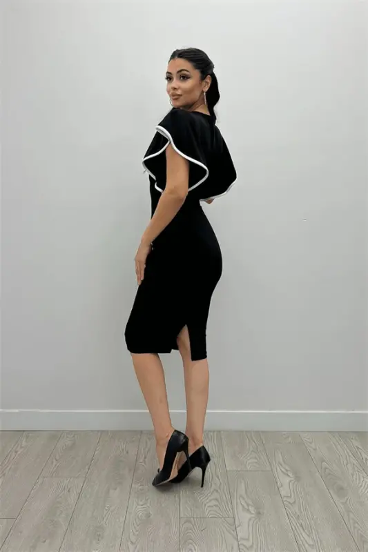 Crepe Fabric Ruffled Dress - Black - 5