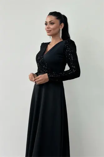 Crepe Fabric Sequin Detailed Dress - BLACK - 3