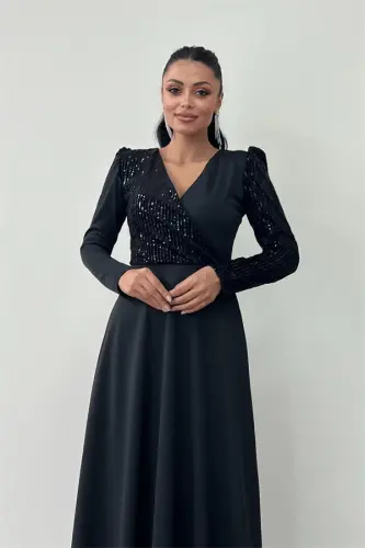 Crepe Fabric Sequin Detailed Dress - BLACK - 4