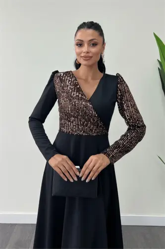 Crepe Fabric Sequin Detailed Dress - BRONZE - 4