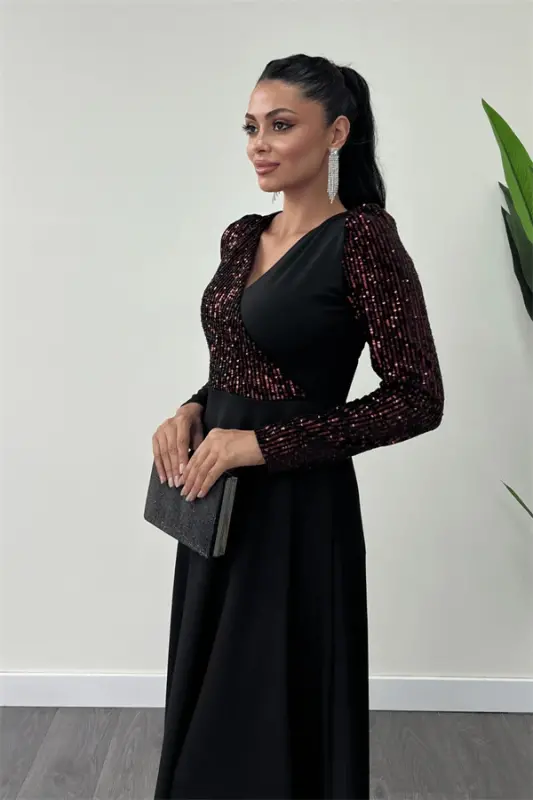Crepe Fabric Sequin Detailed Dress - BURGUNDY - 4