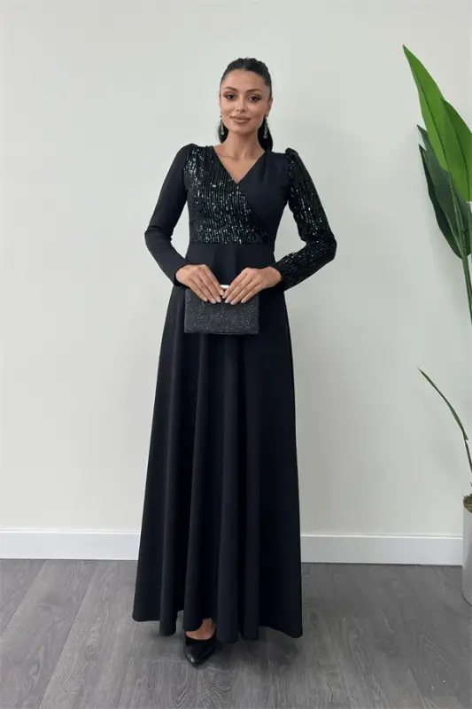 Crepe Fabric Sequin Detailed Dress - EMERALD GREEN - BÜYÜKBEDENIZ