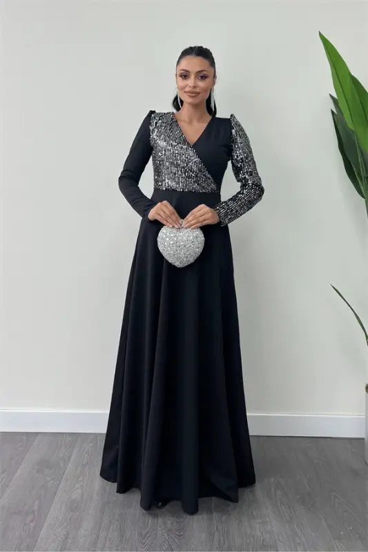 Crepe Fabric Sequin Detailed Dress - SILVER - BÜYÜKBEDENIZ