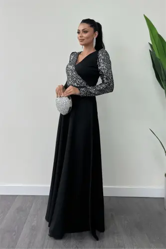 Crepe Fabric Sequin Detailed Dress - SILVER - BÜYÜKBEDENIZ (1)