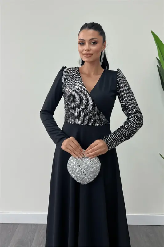 Crepe Fabric Sequin Detailed Dress - SILVER - 3