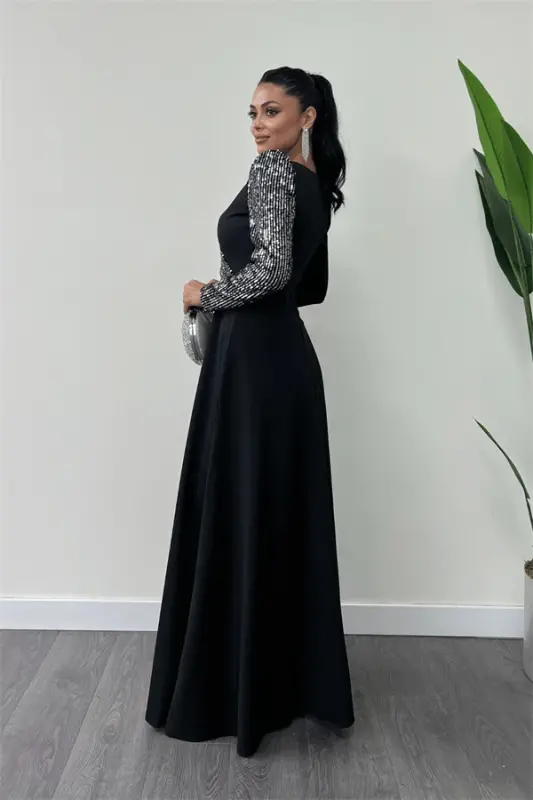 Crepe Fabric Sequin Detailed Dress - SILVER - 5