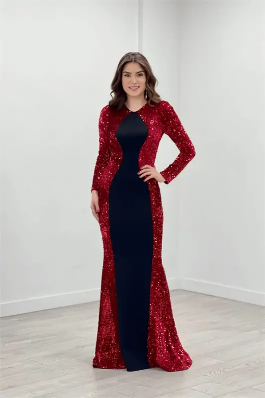 Crepe Fabric Sequin Detailed Mermaid Dress - BURGUNDY - BÜYÜKBEDENIZ