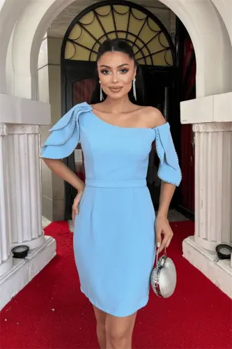 Crepe Fabric Shoulder Detailed Mini Dress - BABY BLUE - 3