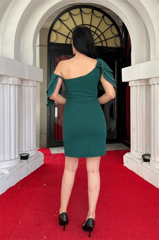 Crepe Fabric Shoulder Detailed Mini Dress - EMERALD GREEN - 5